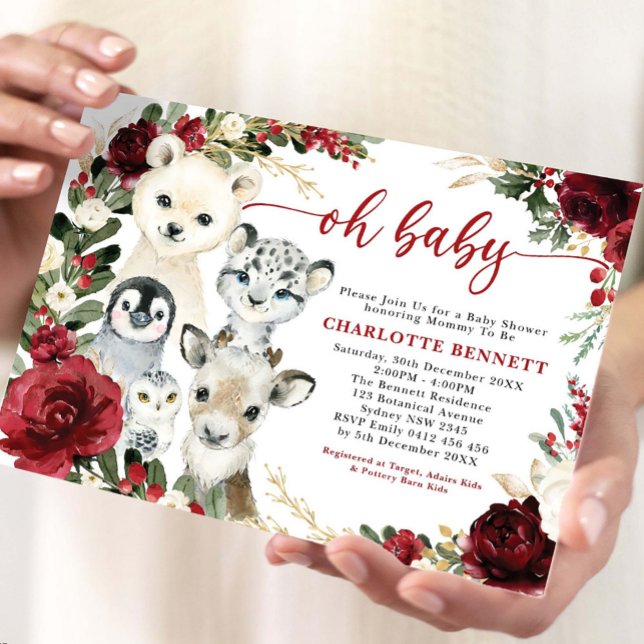 Cute Winter Animals Burgundy Floral Greenery Baby Invitation (Creator Uploaded)