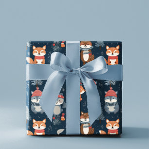 Cute Winter Animals Christmas & Birthday Blue Wrapping Paper