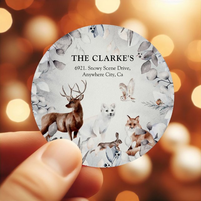 Cute Winter Animals Christmas Return Address Classic Round Sticker (Creator Uploaded)