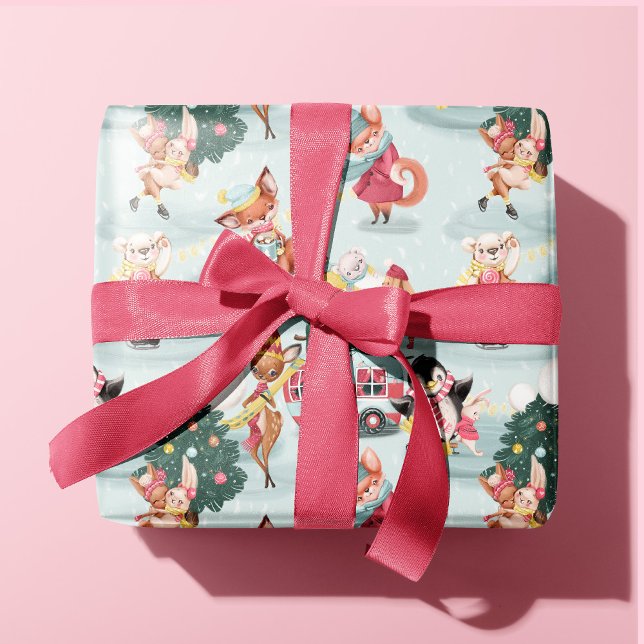 Cute Winter Animals Christmas Trees Fun Kids Wrapping Paper (Creator Uploaded)