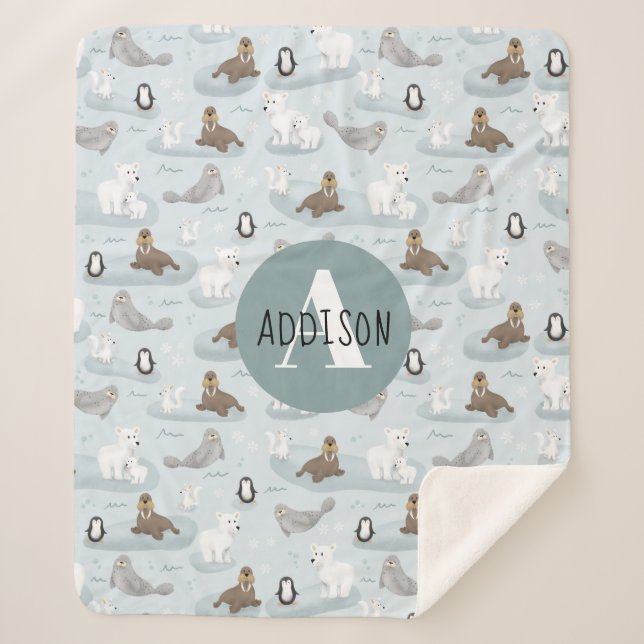 Cute Winter Arctic Animals Monogram Kids Sherpa Blanket (Front)