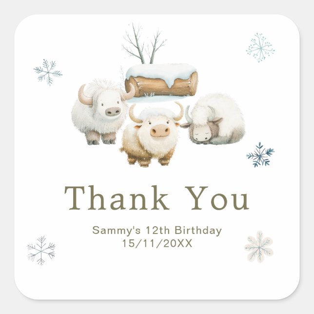 Cute Winter Arctic Cow Birthday Square Sticker (Front)