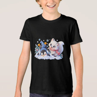 Cute Winter Arctic Fox and Penguin Playing in Snow Tri-Blend Shirt