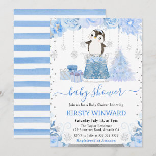 Cute Winter Arctic Penguin Baby Shower Invitation