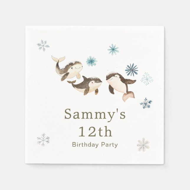 Cute Winter Arctic Whale Birthday Party Napkin (Front)