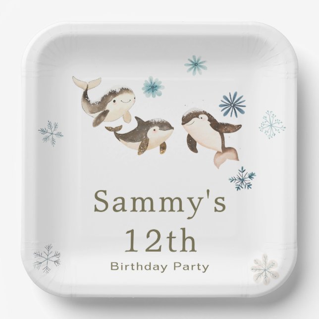 Cute Winter Arctic Whale Birthday Party Paper Plate (Front)
