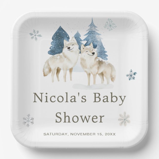 Cute Winter Arctic Wolf Baby Shower Paper Plate (Front)