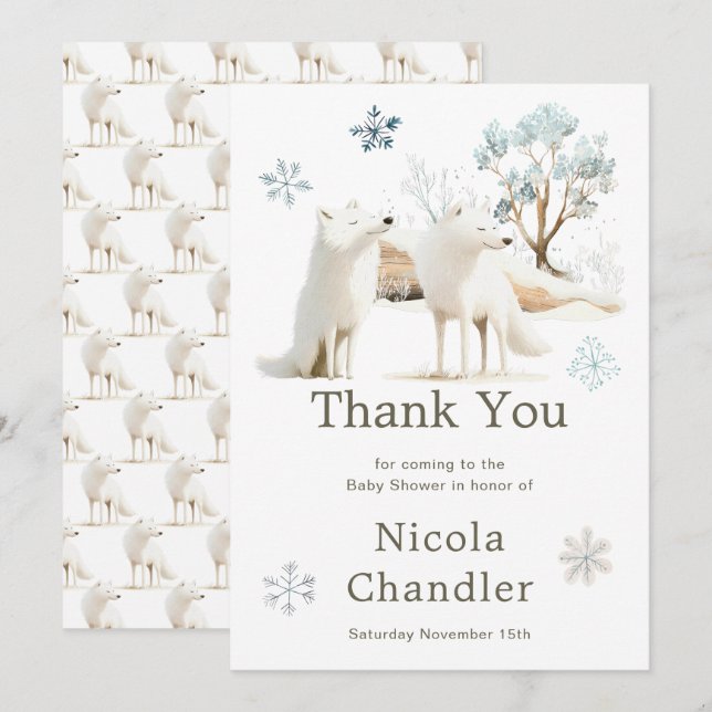Cute Winter Arctic Wolf Baby Shower  Thank You Card (Front/Back)