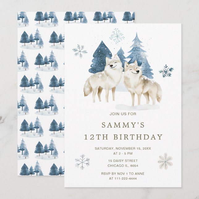 Cute Winter Arctic Wolf Birthday Party Invitation (Front/Back)