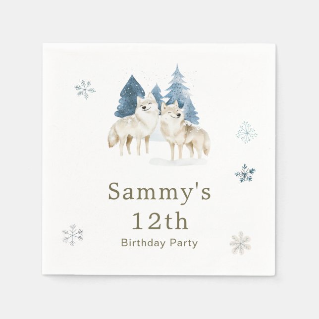 Cute Winter Arctic Wolf Birthday Party Napkin (Front)