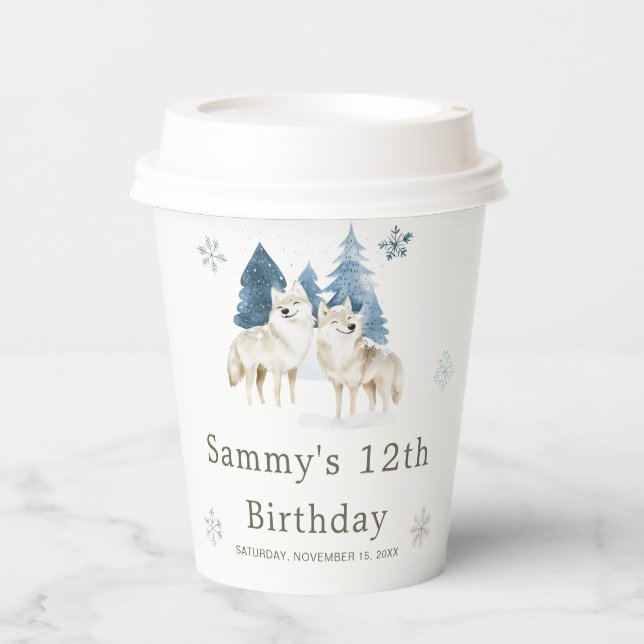 Cute Winter Arctic Wolf Birthday Party Paper Cups (Front)