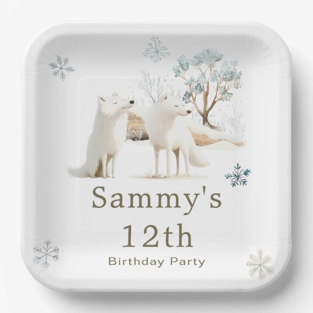 Cute Winter Arctic Wolf Birthday Party Paper Plate (Front)