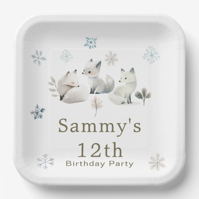 Cute Winter Arctic Wolf Birthday Party Paper Plate (Front)