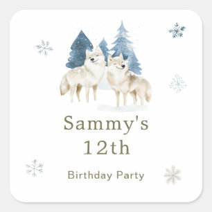 Cute Winter Arctic Wolf Birthday Party Square Sticker