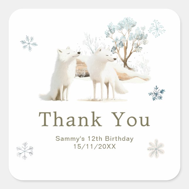 Cute Winter Arctic Wolf Birthday Party Square Sticker (Front)