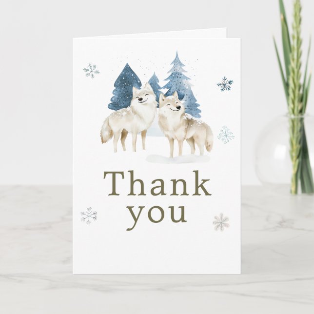 Cute Winter Arctic Wolf Birthday Party Thank You Card (Front)