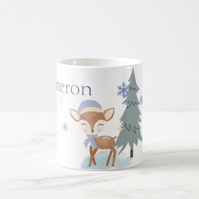 Cute Winter Baby Deer Boy Fawn Custom Name Coffee Mug (Center)