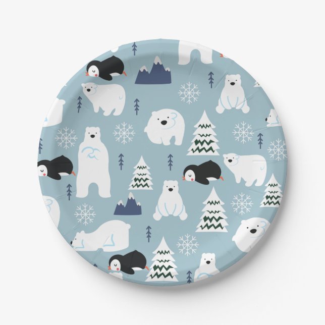Cute Winter Bear and Penguin Pastel Blue Party Paper Plate (Front)