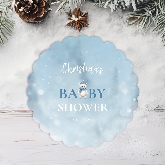 Cute Winter Bear Blue Baby Shower Paper Coaster (Creator Uploaded)