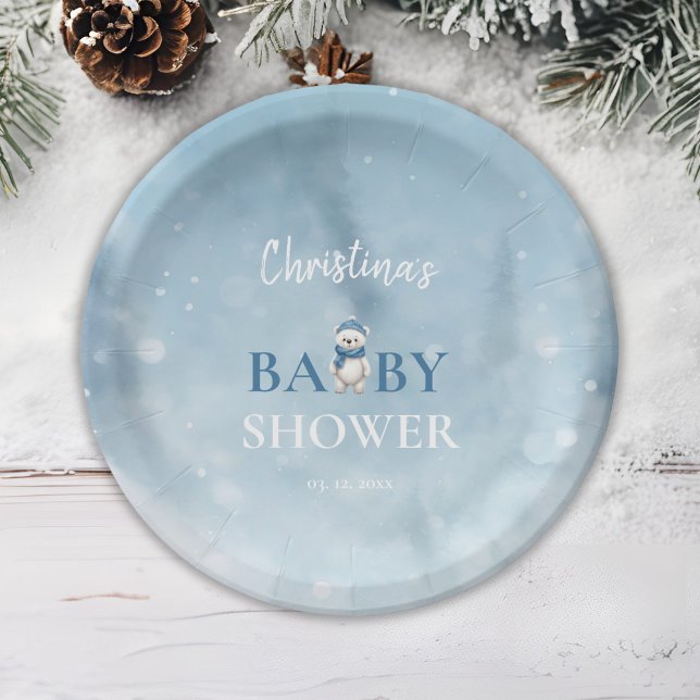 Cute Winter Bear Blue Baby Shower Paper Plate (Creator Uploaded)