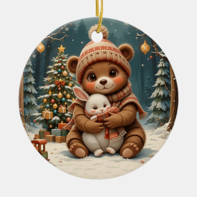 🎄 Cute Winter Bear Glow ❄️ Bunny & Christmas Tree Ceramic Tree Decoration (Front)