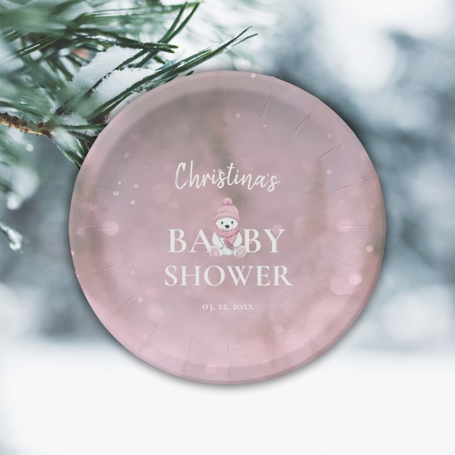 Cute Winter Bear Pink Baby Shower Paper Plate (Creator Uploaded)