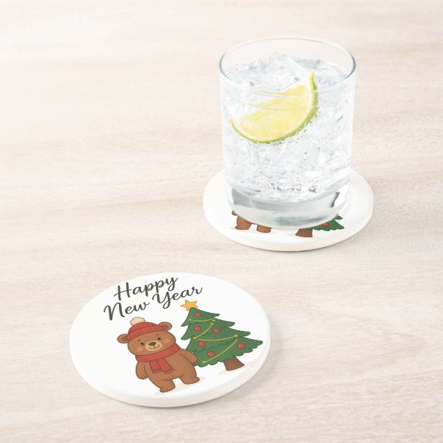 Cute Winter Bear with ChristmasTree Happy New Year Coaster (Side)