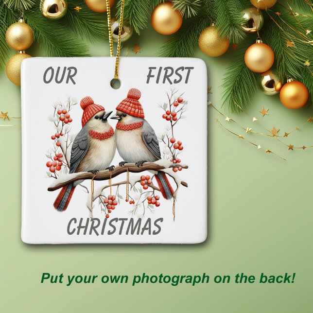 Cute Winter Bird First Christmas Template Ceramic Ornament (Creator Uploaded)