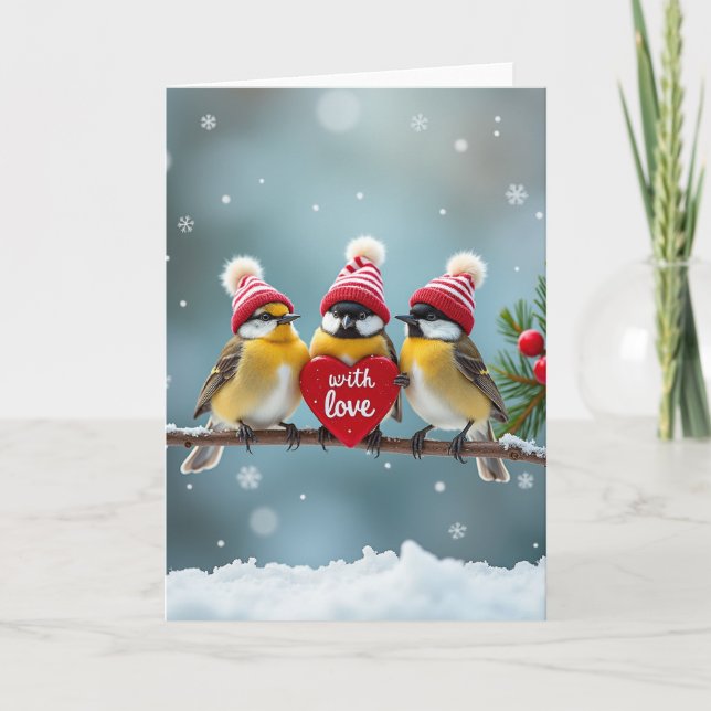 Cute Winter Birds Knit Hat Greeting Card (Front)