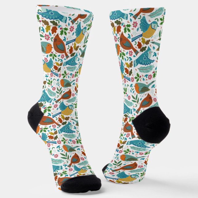 Cute winter birds pattern socks (Angled)