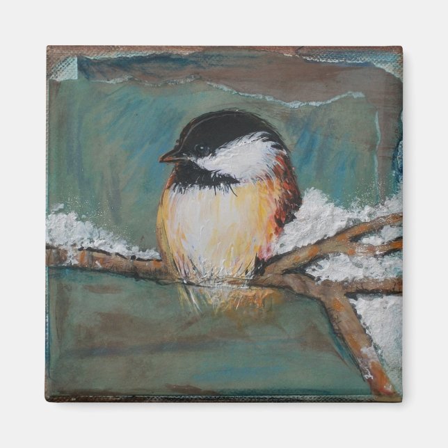 Cute Winter Black Capped Chickadee Art Magnet (Front)