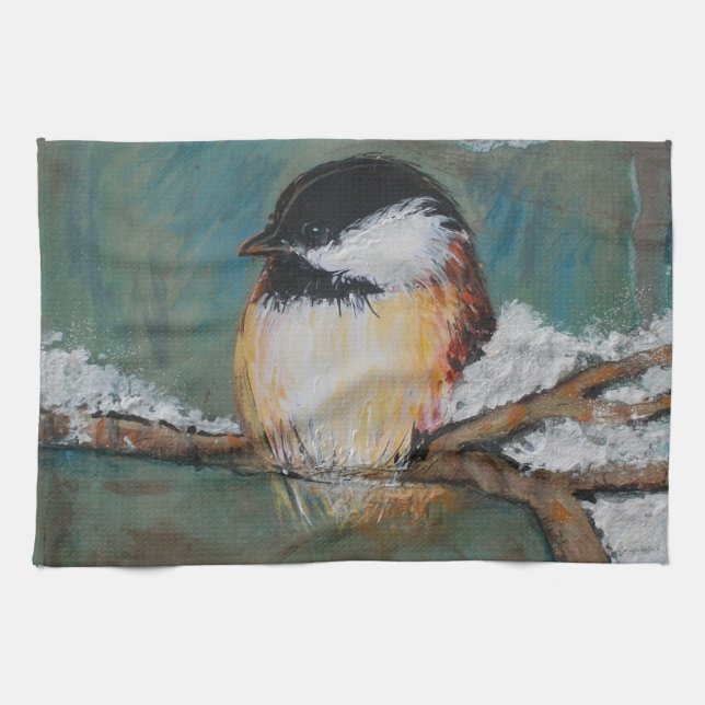 Cute Winter Black Capped Chickadee Bird Tea Towel (Horizontal)