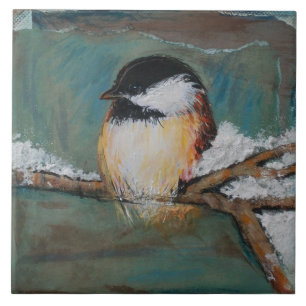 Cute Winter Black Capped Chickadee   Large Tile
