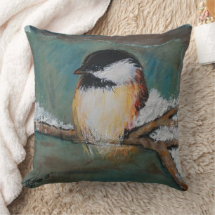 Cute Winter Black Capped Chickadee Throw Pillow