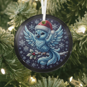 Cute Winter Blue Bird Christmas Santa Hat Ornament