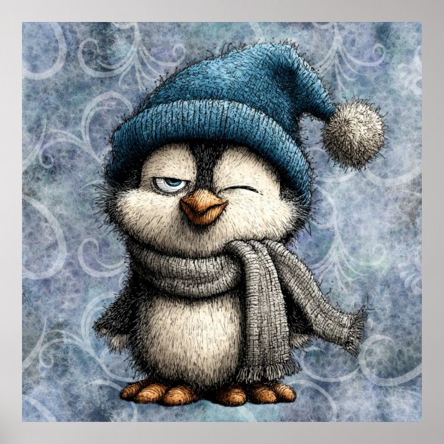 Cute Winter Blue Penguin With Hat And Scarf Poster (Front)
