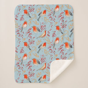 Cute winter blue & red robin birds and berries sherpa blanket
