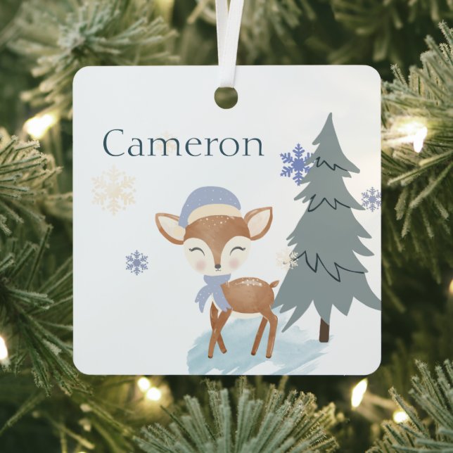Cute Winter Boy Fawn Custom Name Metal Tree Decoration (Insitu)