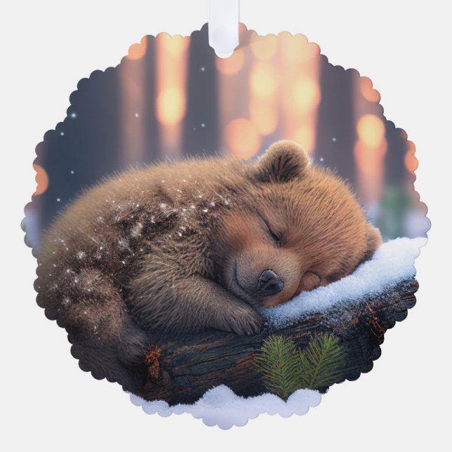 Cute Winter Brown Bear Sleeping On a Log Tree Decoration Card (Front)
