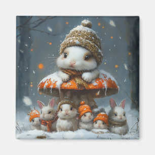 Cute Winter Bunnies with Mushroom Fridge Magnet