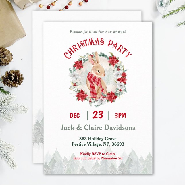 Cute Winter Bunny Poinsettia Christmas Party Invitation (Cute Winter Bunny Poinsettia Christmas Party Invitation)