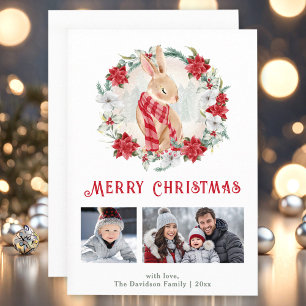Cute Winter Bunny Poinsettia Christmas Photo Card