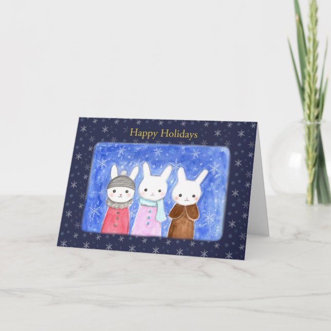 Cute Winter Bunny Rabbits Christmas Holiday Card (Front)