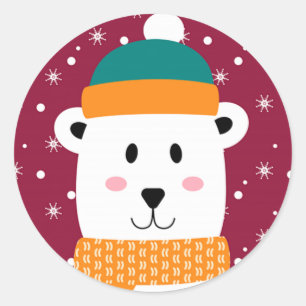 Cute Winter Cartoon Bear Snowflake Classic Round Sticker