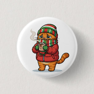 Cute Winter Cat Drinking Hot Coffee Button