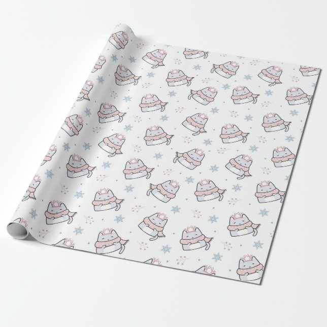 Cute Winter Cat Pattern with Scarves and Snowflake Wrapping Paper (Unrolled)