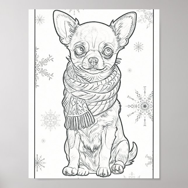 Cute Winter Chihuahua Colouring Page Poster (Front)