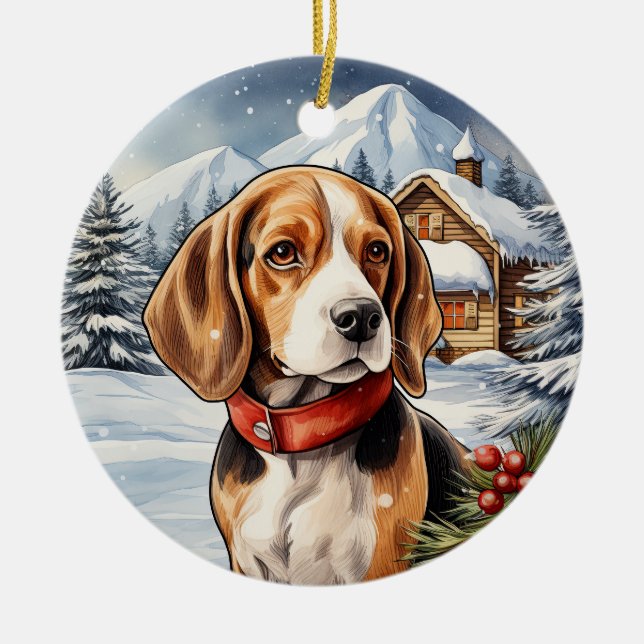 Cute Winter Christmas Beagle Ceramic Tree Decoration (Front)