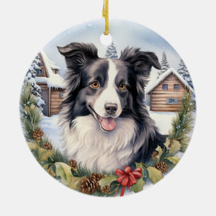 Cute Winter Christmas Border Collie Ceramic Tree Decoration