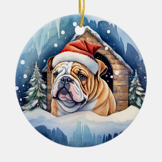 Cute Winter Christmas Bulldog Ceramic Tree Decoration (Front)